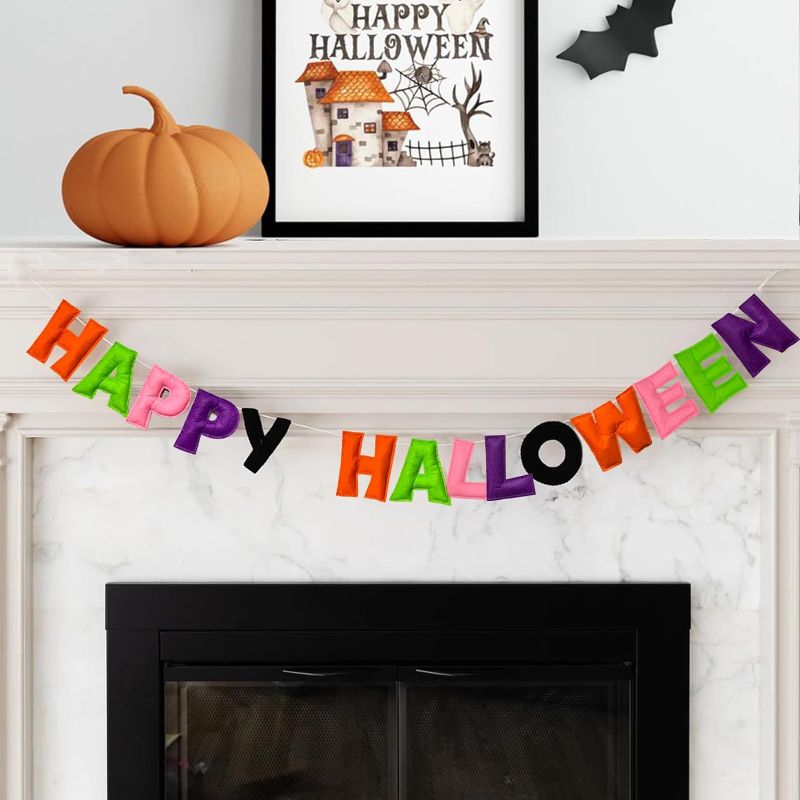 Photo 1 of Meygajoe Pre-Strung Reusable Happy Halloween Banner Halloween Felt Garland Happy Halloween Sign for Halloween Decorations Party Indoor Halloween Décor Wall Mantel Fireplace Party Supplies
