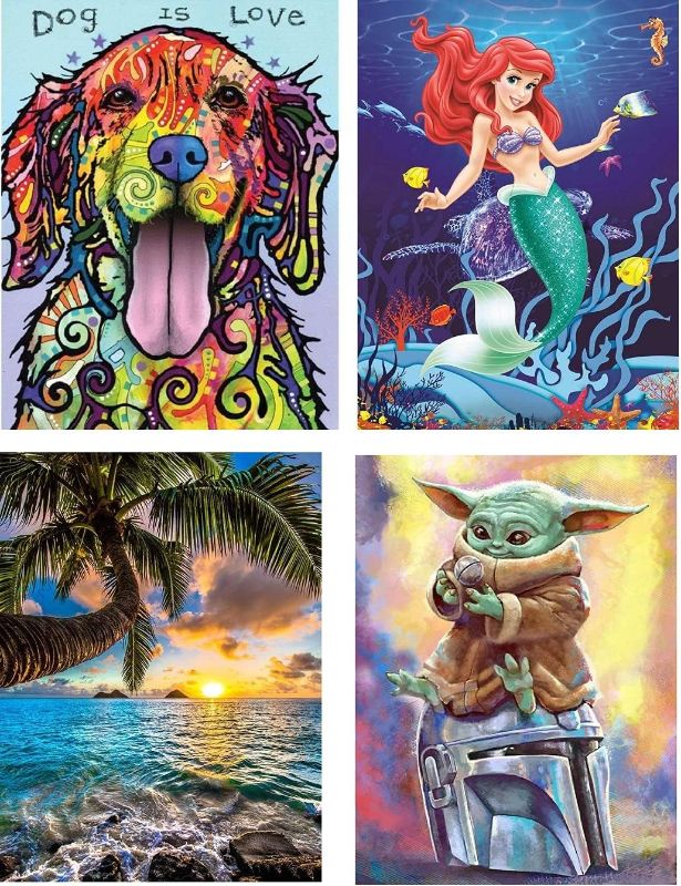 Photo 1 of 4 Pack Large Size DIY 5D Diamond Painting Kits Packaged in a Gift Box, Full Round Drill Diamond Arts - Dog is Love, Mermaid, Hawaii’s Sunrise, Baby Yoda (Each Canvas Size: 17.7x13.8 inch)
