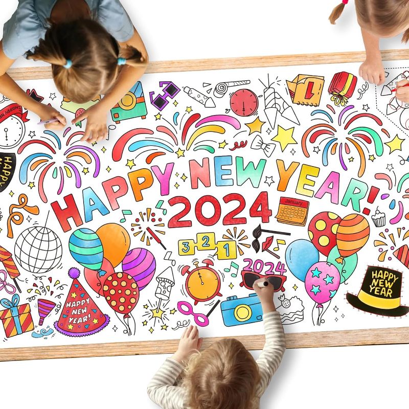 Photo 1 of Giant Coloring Poster for Classroom Wall - Versatile 30 x 72 Inches Happy New Year Activity Poster/Table Cover, Perfect for School Parties, Happy New Year Party and Special Events Decoration
