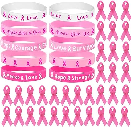 Photo 1 of yaxwhty 100pcs Breast Cancer Awareness Accessories,50Pcs Breast Cancer Bracelets Wristband and 50Pcs Pink Ribbon Pins for Hope Faith Strength Courage Love Survivor Charity Event Party Favors Supplies
