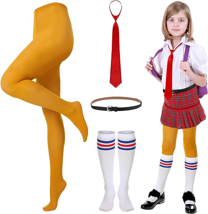Photo 1 of Xtinmee 4 Pcs Halloween Sponge Costume Accessories for Adults Kids Halloween Costume Cartoon Character Cosplay Yellow Solid Color Tights Red Necktie Black Belt Long Stripes Socks for Cosplay Party
