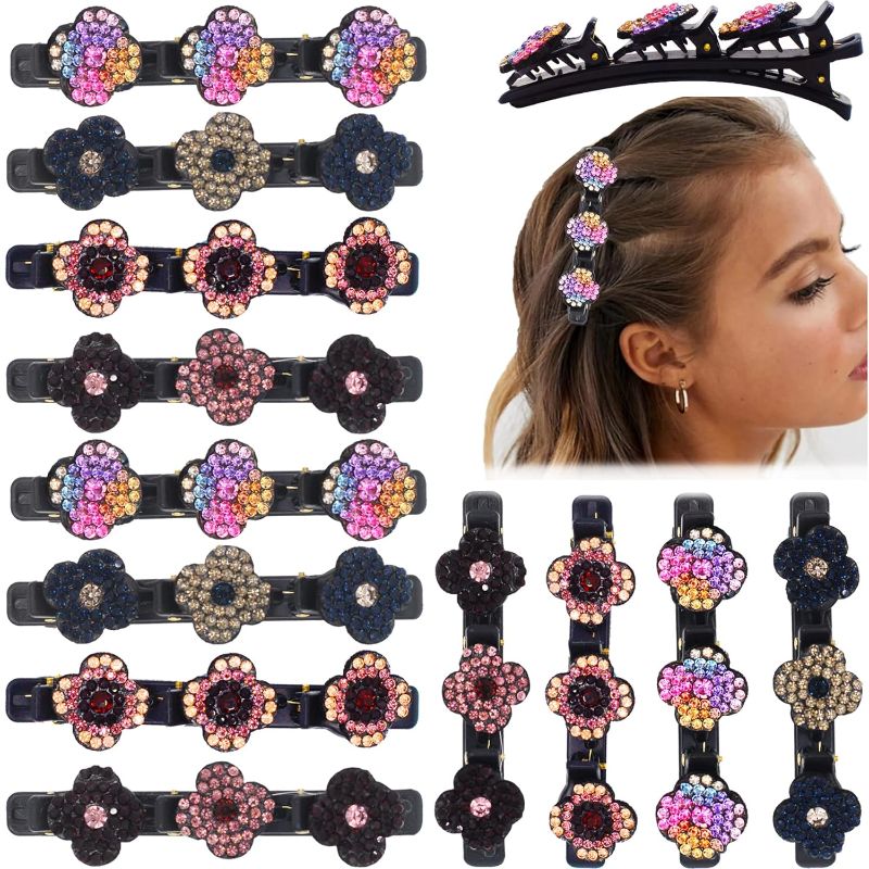 Photo 1 of 12PCS Sparkling Crystal Stone Braided Hair Clips Four-Leaf Clover Chopped Hairpin Duckbill Rhinestone Hair Pins with 3 Small Clips Double Satin Fabric Hair Barrette For Thick Hair Women
