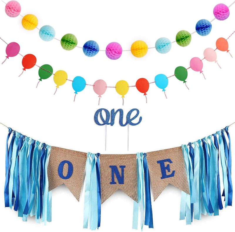 Photo 1 of 1st Birthday Decorations for Boys, 11 PCS Honeycomb Flower Balls 3 inch, Paper Circle Garland, Burlap Highchair Banner, One Cake Topper for First Birthday Party Decoration Supplies
