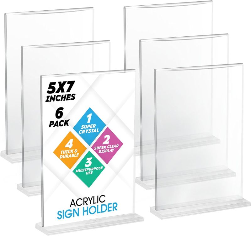 Photo 1 of 6 Pack Acrylic Sign Holder , Sign Holder 5 x 7 , Clear Paper Holder with Gold Marker and Microfiber Towel , 5 x 7 Acrylic Frame , Sign Stand for Wedding Events , Menu Holder , Table Number Holders
