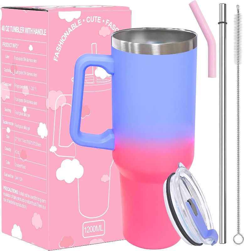 Photo 1 of 40 oz Tumbler with Handle and Straw-Stainless Steel Insulated Tumbler with Straw, Water Bottle with Straw and Handle, Insulated Cup with Straw and Lid in Car Cup Holder?Pinkpurple)
