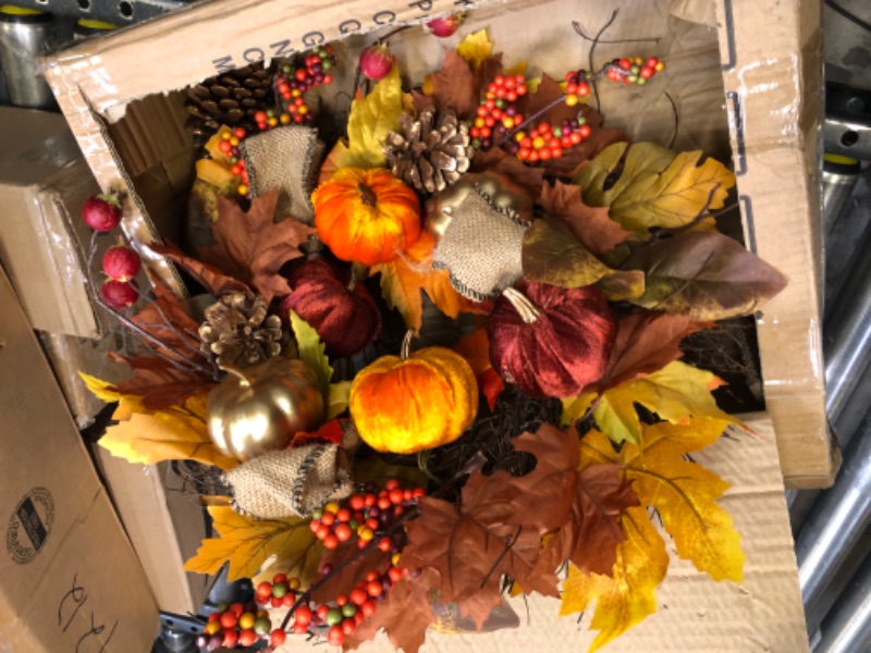 Photo 2 of HomeKaren Fall Wreaths for Front Door 22 Inch, Autumn Wreath with Berry Pumpkin, Maple Leaves, Thanksgiving Harvest Festival Decorations Indoor and Outdoor
