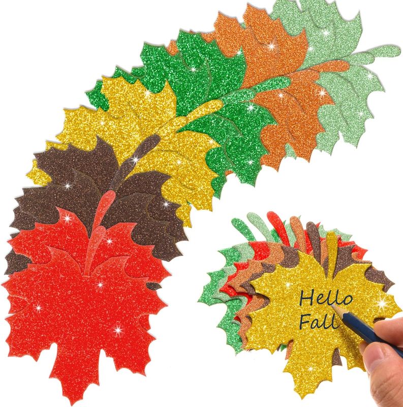 Photo 1 of 120 Pcs Fall Maple Leaves Cutouts Glitter Paper Maple Leaf Colorful Leaf Bulletin Board Decoration Single-Sided Glitter Paper Leaf Die Cuts for Thanksgiving Autumn Harvest Party Decorations,3.9x3.4
