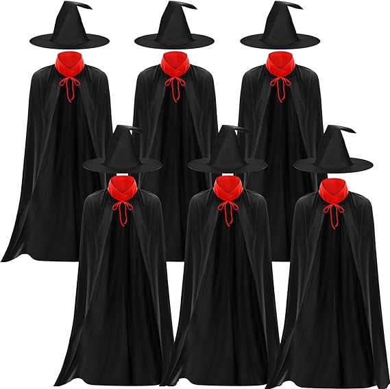 Photo 2 of 12 Pcs Halloween Witch Hat with Cape Costume for Women Black Wizard Hats Witches Cape Black Cosplay Cape Witch Cloak Halloween Cosplay Costume Accessory for Men Women Witch Cosplay Carnival Party