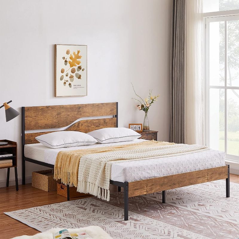 Photo 1 of  Platform Bed Frame Queen Size with Rustic Vintage Wood Headboard, Mattress Foundation, Strong Metal Slats Support, No Box Spring Needed