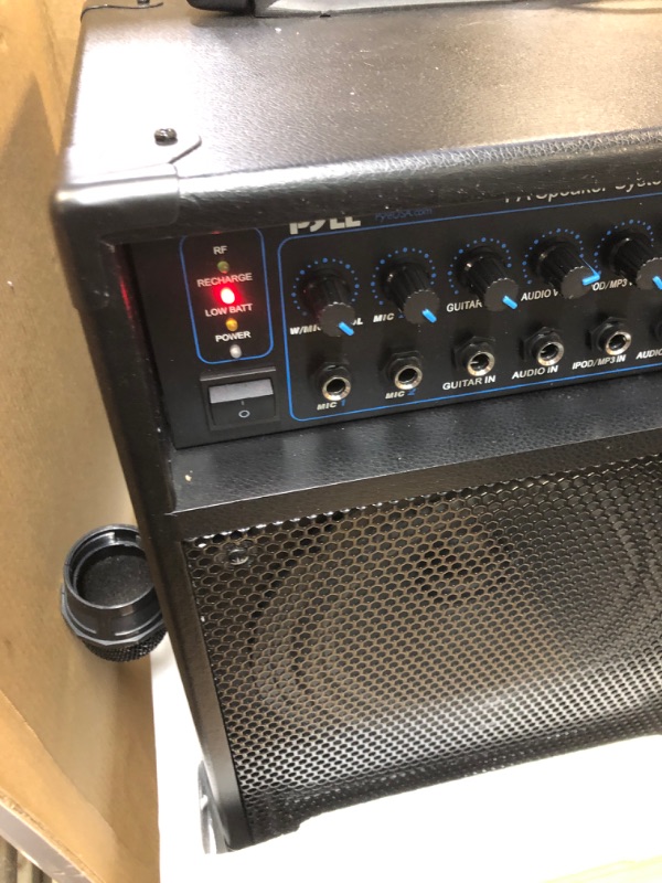 Photo 1 of Pyle Wireless Portable PA System-400W Bluetooth Compatible Rechargeable Battery Powered Outdoor Sound Stereo Speaker Microphone Set w/Handle, Wheels-1/4 to AUX, RCA Cable (PWMA230BT)