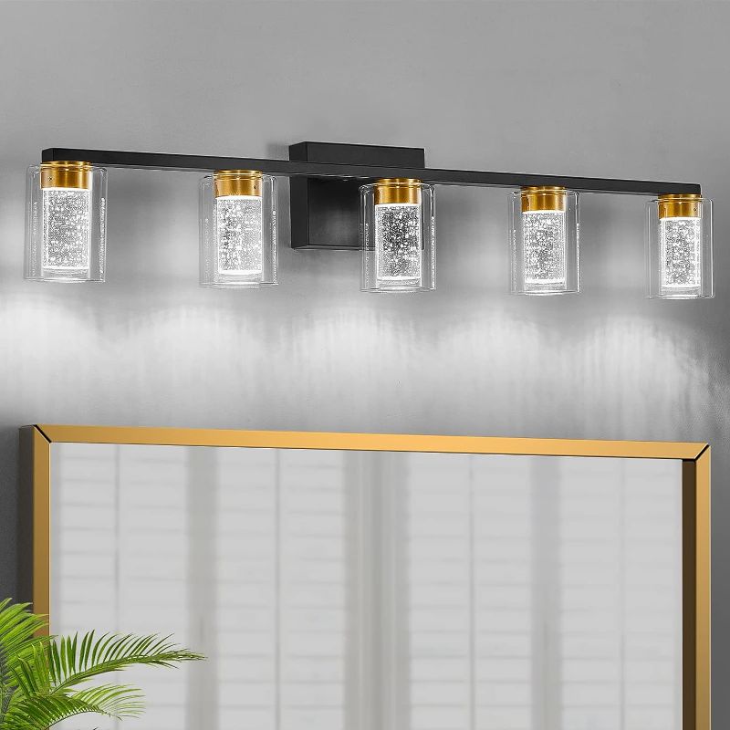 Photo 1 of 5-Light Bathroom Light Fixtures, Black and Gold Vanity Lights Crystal LED Bathroom Lights Over Mirror with 3 Colors Adjustable White/Neutral/Warm, Modern Dimmable Vanity Light for Bathroom (5 Light)
