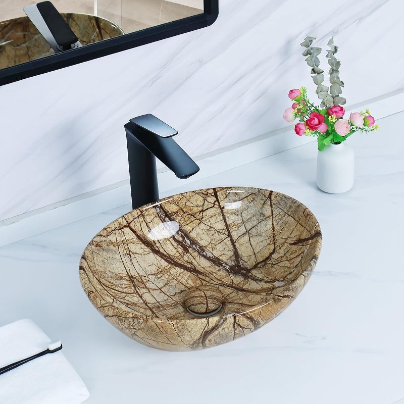 Photo 1 of Davivy 16.3'' X 13" Nordic Marbling Oval Vessel Sink with Pop Up Drain,Ceramic Vessel Sinks,Bathroom Sinks Above Counter,Counter top Sink,Bathroom Vessel Sinks,Oval Vessel Sinks for bathrooms
