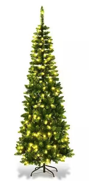 Photo 1 of 6.5 ft. Pre-Lit Hinged Artificial Pencil Christmas Tree with 250 Warm White Lights
