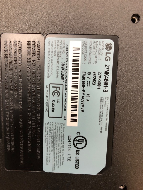 Photo 5 of LG 27MK400H-B Monitor 27” Full HD (1920x1080) TN Display, AMD FreeSync Technology, Dynamic Action Sync, Black Stabilizer, On Screen Control - Black - missing all screws