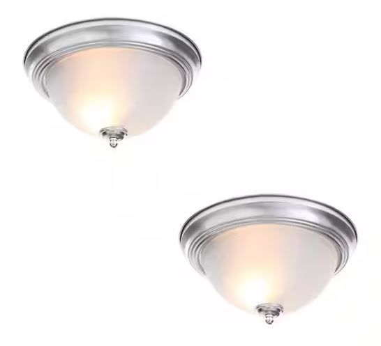 Photo 1 of 13 in. 2-Light Brushed Nickel Flush Mount with Frosted Glass Shade (2-Pack)
