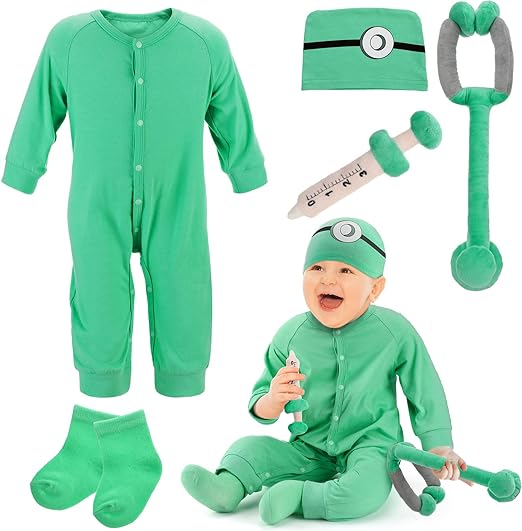 Photo 1 of 6/12m---Ramede 5 Pcs Baby Halloween Outfit Doctor Costume Infant Doctor Role Play Bodysuit with Stethoscope Syringe for Baby Cosplay
