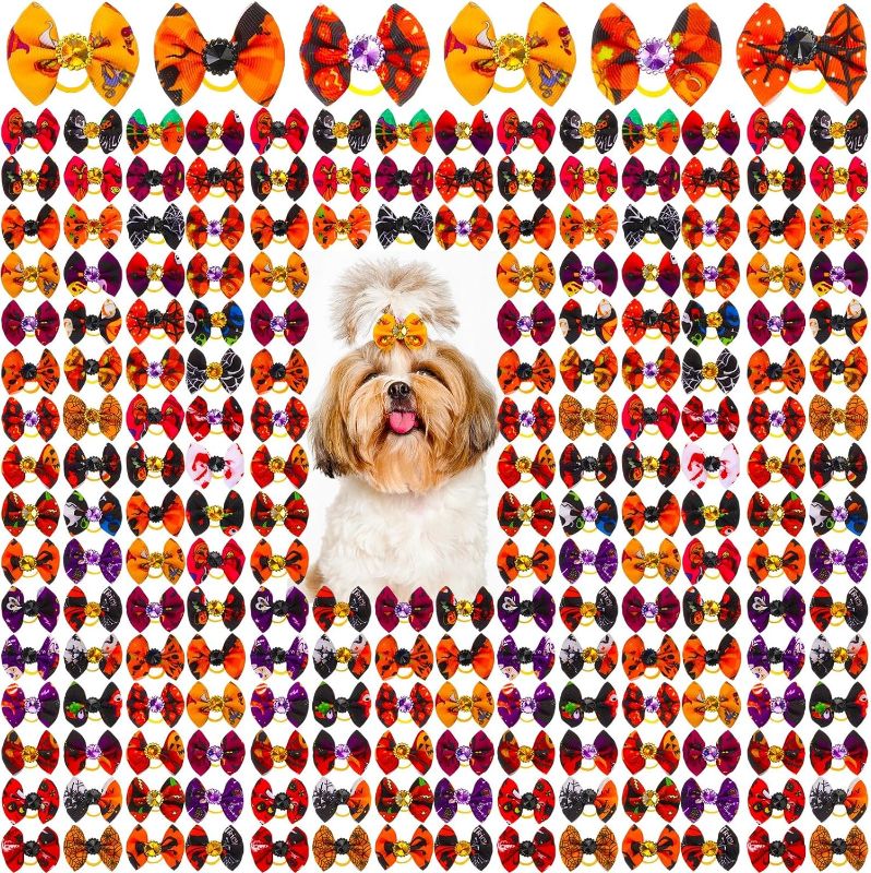 Photo 1 of 240 Pieces Halloween Dog Hair Bows for Winter Small Pet Hair Bows Puppy Bow with Rubber Bands Ghost Pumpkin Bows with Round Rhinestones Small Pet Grooming Bowknot Girl Dog Accessories for Party
