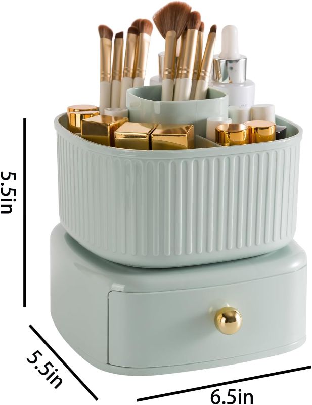 Photo 1 of     Rotating Double Layer Makeup Brush Organizer?Cosmetic Display Cases with 1 Drawers and 5 Slot Makeup Brushes, Easy to hold of your makeup products?Hair Accessories, Lipstick and Jewelry(360° Green)
                                                     