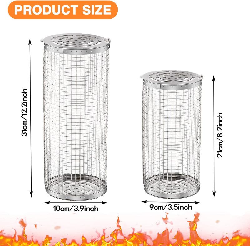 Photo 1 of  2PCS Rolling Grilling Basket - Rolling Grilling Baskets for Outdoor Grill, Stainless Steel Wire Mesh Cylinder Grill Basket, BBQ Accessories, Camping Barbecue Rack for Vegetables, Fish
