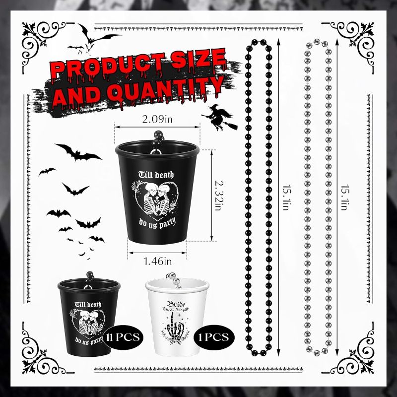 Photo 1 of Dandat 12 Pcs Bride or Die Bachelorette Shot Glass Halloween Party Plastic Shot Glass Necklaces Halloween Gothic Skull Bridal Shower Party Favor for Wedding Engagement Party
