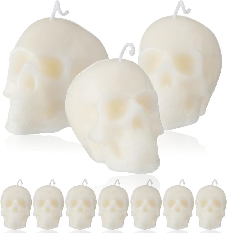 Photo 1 of 10 Pcs Halloween Skull Candles White Skeleton Head Skull Candle Spooky Weird Candles Novelty Goth Decor Scented Candles for Halloween Party Bedroom Room Table Decorations
