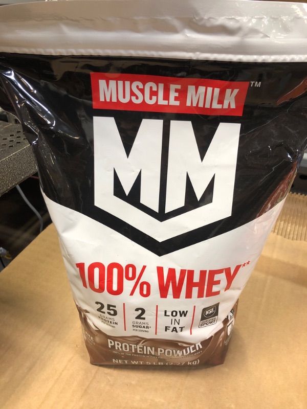 Photo 2 of Muscle Milk 100% Whey Protein Powder, Chocolate, 5 Pound, 66 Servings, 25g Protein, 2g Sugar, Low in Fat, NSF Certified for Sport, Energizing Snack, Workout Recovery, Packaging May Vary Chocolate 5 Pound (Pack of 1)----exp date 03/2024