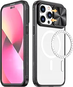 Photo 1 of KUGEW for iPhone 15 Pro Max Case Compatible with MagSafe, Crystal Clear Back Built-in Slide Camera Cover Magnetic Ring Shockproof Rugged TPU Bumper Cover (Black)
