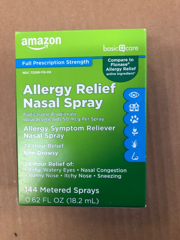 Photo 2 of Amazon Basic Care 24-Hour Allergy Relief Nasal Spray, Fluticasone Propionate (Glucocorticoid), 50 mcg, Full Prescription Strength, Non-Drowsy, 0.62 Fl Oz 0.62 Fl Oz (Pack of 1)