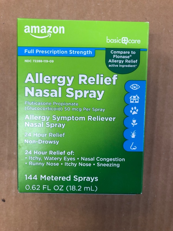 Photo 2 of Amazon Basic Care 24-Hour Allergy Relief Nasal Spray, Fluticasone Propionate (Glucocorticoid), 50 mcg, Full Prescription Strength, Non-Drowsy, 0.62 Fl Oz 0.62 Fl Oz (Pack of 1)