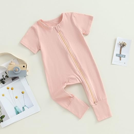 Photo 1 of 3-6 MONTHS Baby Boy Girl Solid Color Romper Short Sleeve Zipper One Piece Jumpsuit Footless Outfit Newborn Summer Clothes