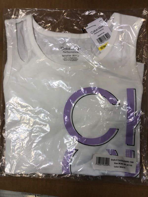 Photo 2 of Calvin Klein Girls' Performance Tank Top, Sleeveless & Crew-Neck Neckline, Logo Detailing 8-10 White Cut Out size medium