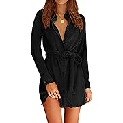 Photo 1 of Size XL---MASCOMODA Womens V Neck Button Down Shirt Dress 2023 Long Sleeve Oversized Plisse Mini Dress Tie Waist Pleated Short Dresses(Black,X-Large