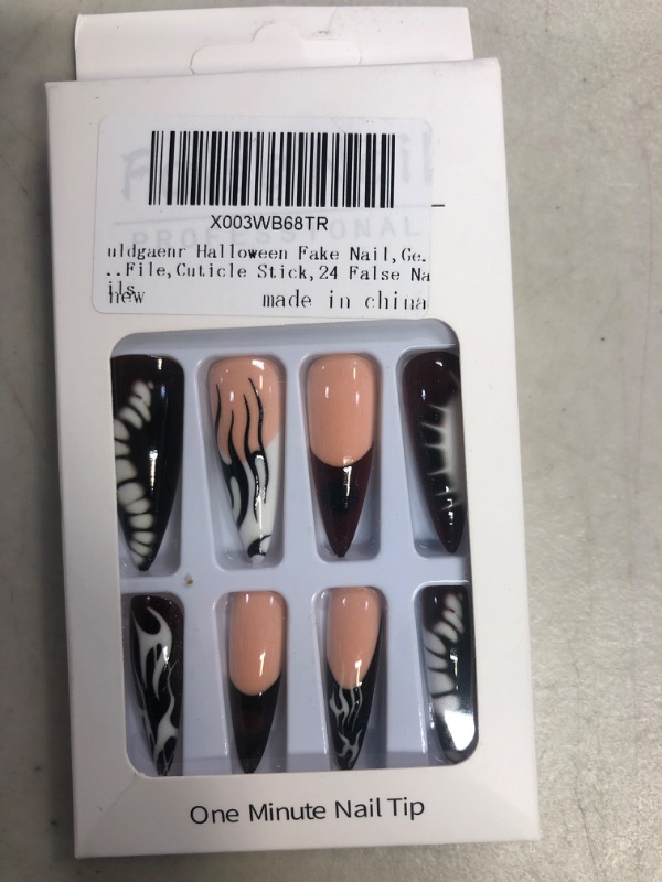 Photo 1 of fuldgaenr Halloween Fake Nail,Gel Press On Nail Kit,Long Length Stick on Nail,French Dark Red Stiletto Almond Manicure Glue on Nail with Fire Designs,Includes Nail File,Cuticle Stick,24 False Nails