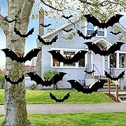 Photo 1 of 18Pcs Hanging Bats Halloween Decoration Outside, Glowing Eyes, Large Flying Plastic Halloween Bats Outdoor Decor, 3 Different Sizes