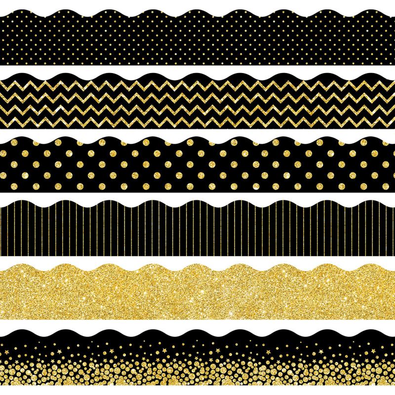 Photo 1 of durony 6 Rolls 196.8 Feet Bulletin Board Border Glitter Gold and Black Decoration Bulletin Board Borders Trim Poster Borders Wave Dot Stripe Classroom Borders for School Classroom Office