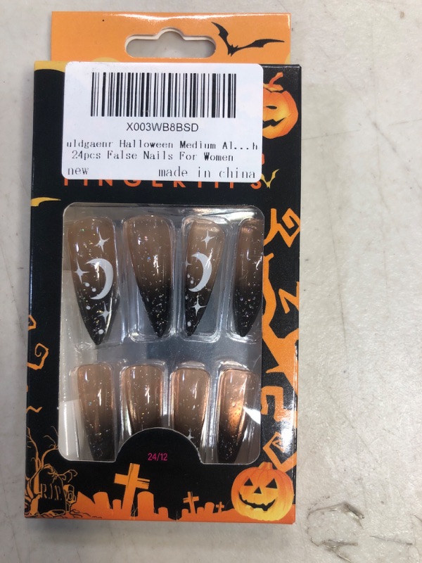 Photo 1 of fuldgaenr Halloween Medium Almond Fake Nails,Black Gradient Press on Nails Long,French Glitter Artificial Glue on Nails with Star and Moon Designs,Stick on Nails Kit with 24pcs False Nails For Women