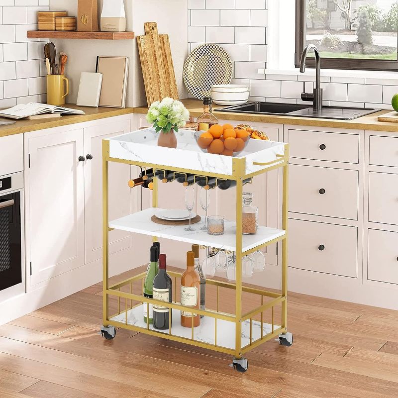 Photo 1 of aboxoo Bar Cart White Marble 3 Tiers Removable Storage Tray with Wine Rack & Wine Glasses Holder,Rolling Beverage Mobile Bar Serving Cart with Handle Wood and Gold Steels Home Kitchen Shelf for Party
