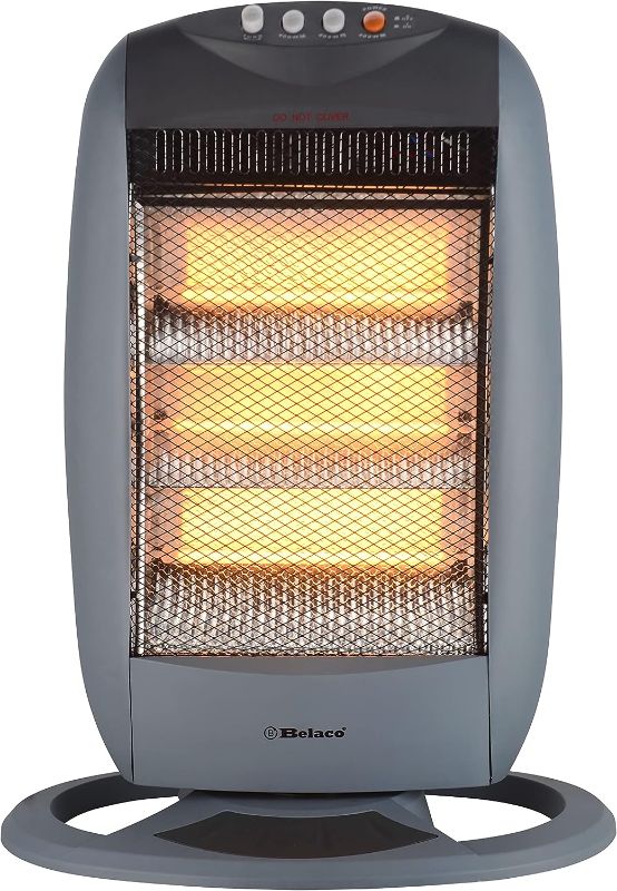 Photo 1 of Belaco Halogen electric Heater portable heater with 3 Heat Settings 3 Bar resistant base 1200W 90 Degree Oscillation Compact Carry Handle Safety Tip Over Switch Gray
