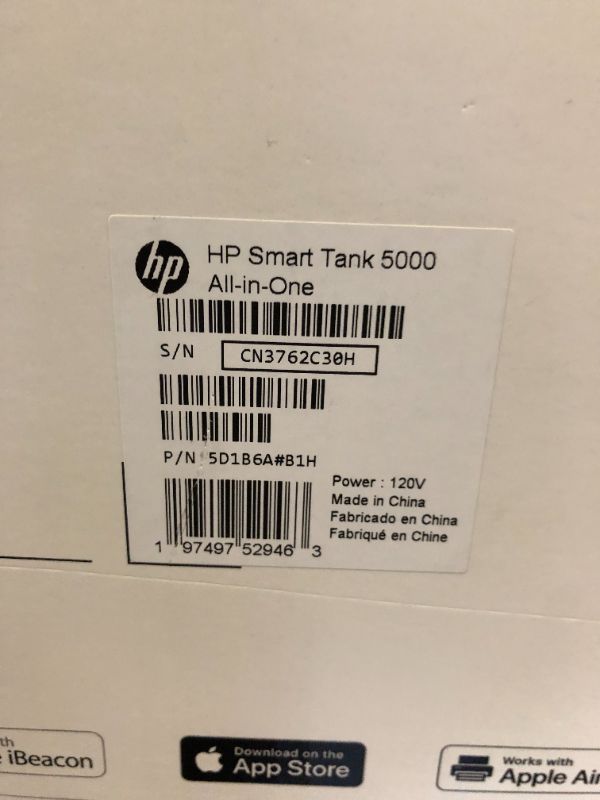 Photo 3 of HP Smart Tank 5000 Wireless All-in-One Ink Tank Printer with up to 2 years of ink included, mobile print, scan, copy, white, 17.11 x 14.23 x 6.19