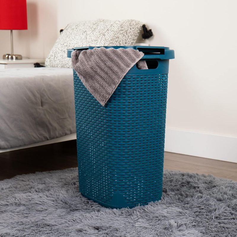 Photo 1 of 60L Slim Laundry Hamper Clothes Basket, Lid, Wicker Style, Plastic, 17.65"L x 13.75"W x 24.15"H, Blue
