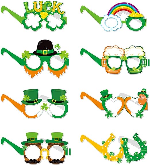 Photo 1 of 16PCS St Patricks Day Paper Glasses, 8 Styles Irish Theme Eyewear Frame Shamrock Glasses, Lucky Glasses, Top Hat Glasses for St Patricks Day Party Decorations Eyeglasses Photo Props