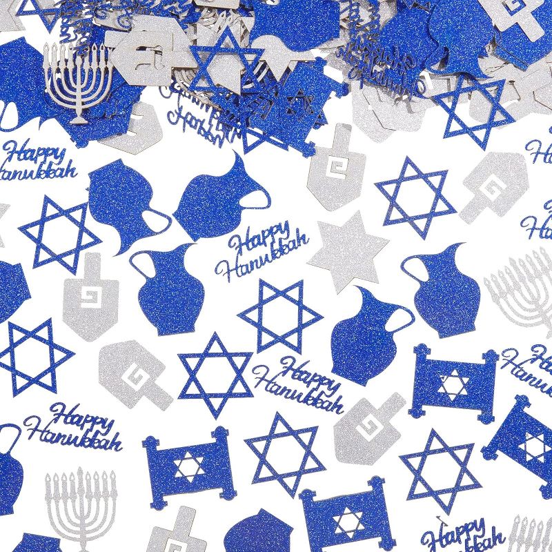 Photo 1 of 200 Pieces Glitter Hanukkah Holiday Confetti Jewish Confetti Menorah Star Shape Hanukkah Cutouts Blue and Silver Paper Hanukkah Decorations Hanukkah Ornament Christmas Tree Topper Decor, 8 Styles 