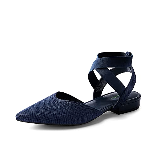 Photo 1 of BURUDANI SBDFA2316W Pointed Toe Ankle Strap Ballet Flat for Women, Comfortable Knit Mesh Flats for Casual Dressy Work Office Shoes,Navy,Size 6.5
