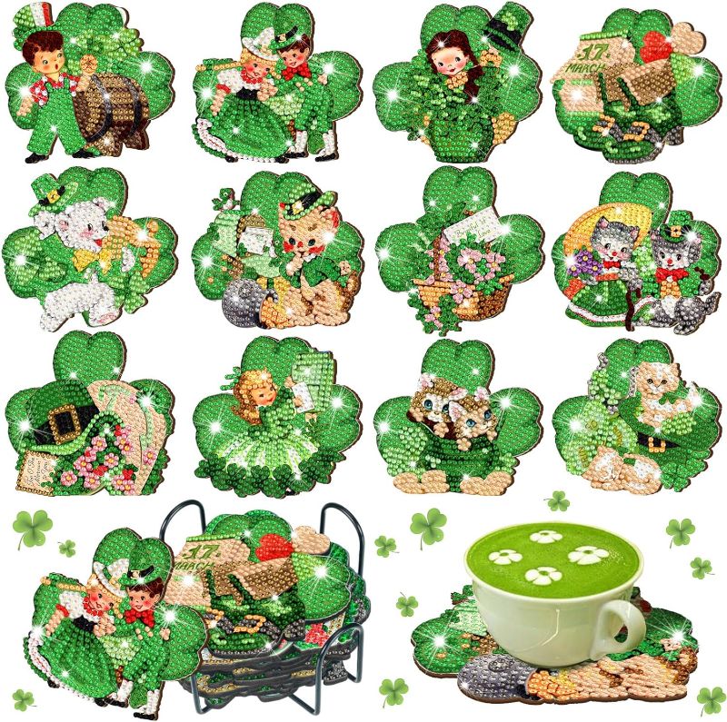 Photo 1 of 12 Pcs Retro St Patrick's Day Clover Diamond Art Coasters with Holder DIY Diamond Art Kits Lucky Clover Shaped Diamond Filled Coaster for Beginners Adults and Kids Art Craft Supplies
