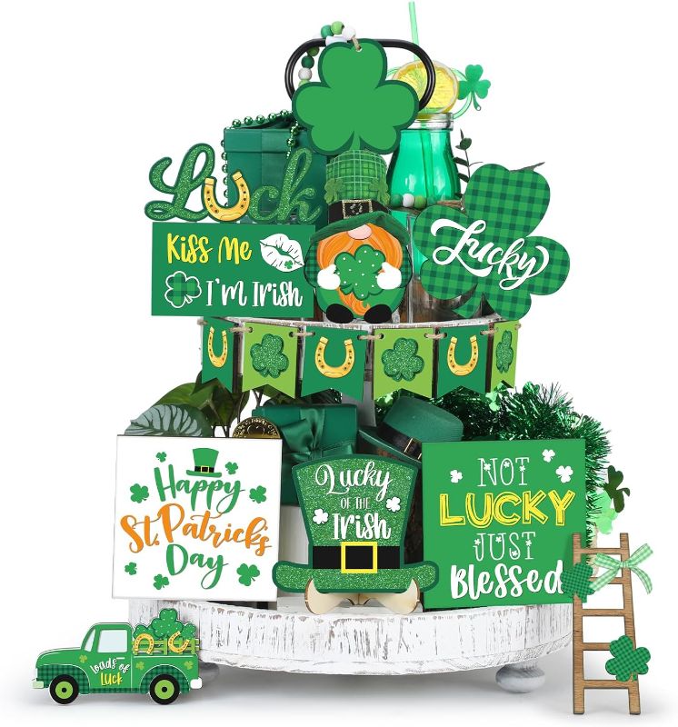 Photo 1 of 16 Pcs St. Patrick's Day Tiered Tray Decor Irish Wooden Signs Wooden Decorative Trays Farmhouse Lucky Shamrock Truck Wooden Sign Tiered Trays for Kitchen Bar Decoration (Novel Style)
