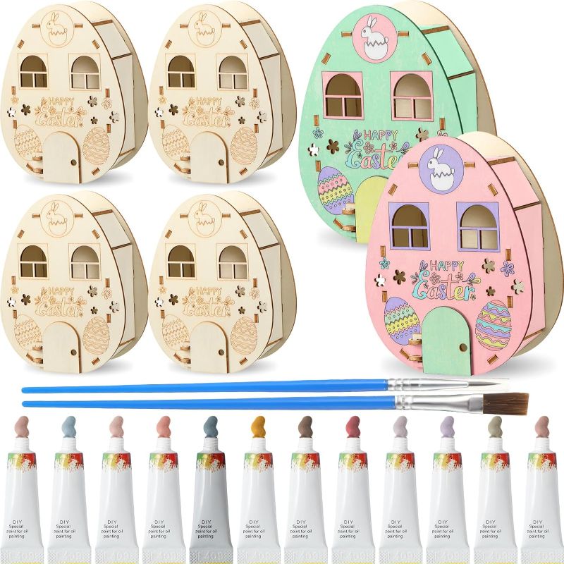 Photo 1 of 20 Pcs Easter Egg Wooden Craft Kit DIY Unfinished Wood Egg House with Strips of Paint and Brushes for Boys Girls DIY Easter Decorations Party Supplies Decor
