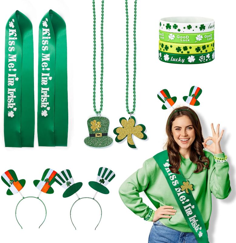 Photo 1 of 10 PCS St Patrick's Day Accessories Set Includes 2 St Patrick's Day Headband 2 Shamrock Necklace 4 Green Silicone Wristbands Bracelets 2 Irish Shoulder Strap, St Patricks Day Party Favors Supplies
