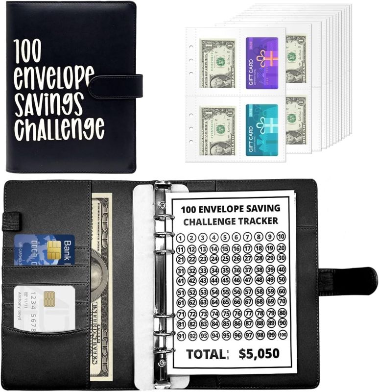 Photo 1 of 100 Envelopes Money Saving Challenge Binder,A5 Money Saving Budget Binder with Cash Envelopes - Savings Challenges Book for Planning and Saving $5,050 (Black)
