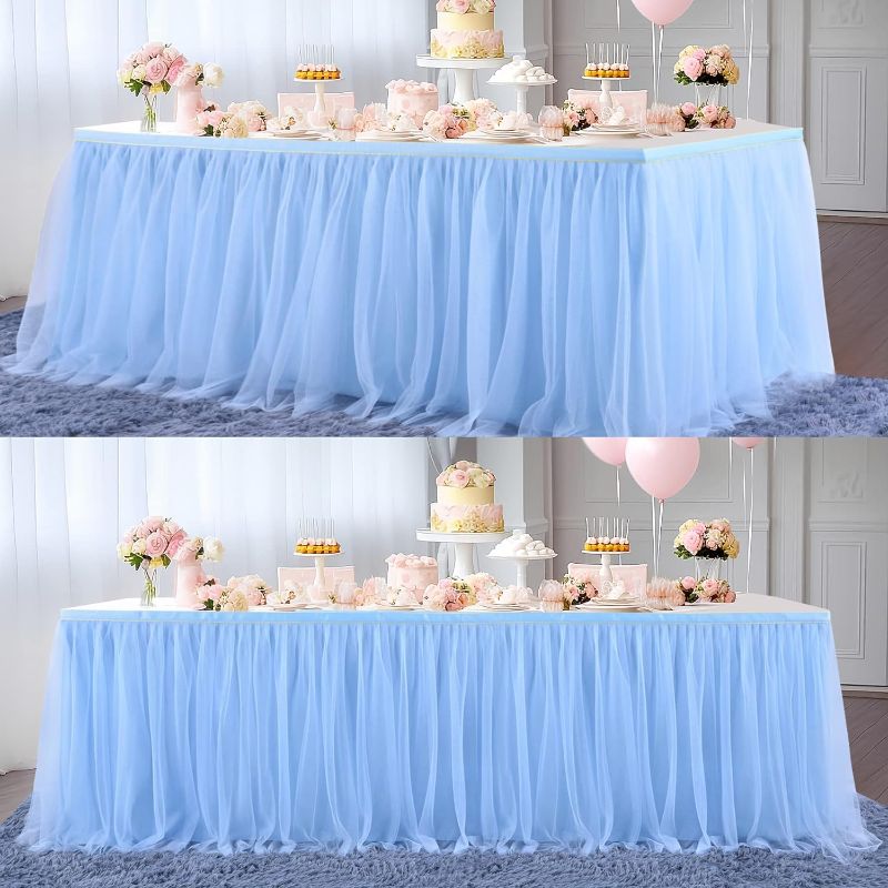 Photo 1 of 2 Pack 6ft Blue Tulle Table Skirts for Rectangle Tables or Round Tables Blue Tutu Tablecloth Cover for Baby Shower Boy Birthday Party Wedding Cake Dessert Table Decorations
