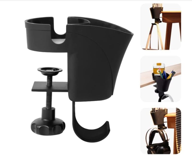 Photo 1 of 2 in 1 Desk Cup Holder with Headphone Hanger Holder, Anti-Spill Cup Holder-360° Rotation Aluminum Alloy Stand Hook Bearing Capacity 10kg/22lb Suitable for Coffee Mups,Water Cups,Bag,Headphone
